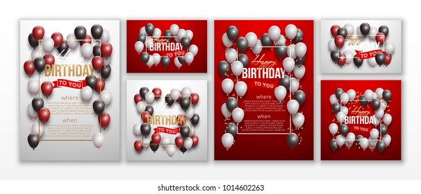Happy birthday vector illustration - Golden foil confetti and white and black balloons With a red background. Bright vector anniversary celebration banner. Greeting card for the birthday man.