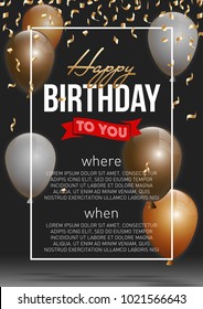 Happy birthday vector illustration - Golden foil confetti and white and gold balloons With a black background. Bright vector anniversary celebration banner. Greeting card for the birthday man.