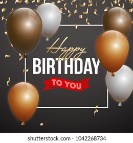 Happy birthday vector illustration - Golden foil confetti and white and gold balloons With a black background. Bright vector anniversary celebration banner. Greeting card for the birthday man.