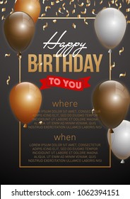 Happy birthday vector illustration - Golden foil confetti and white and gold balloons With a black background. Bright vector anniversary celebration banner. Greeting card for the birthday man.