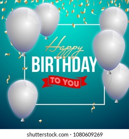 Happy birthday vector illustration - Golden foil confetti and white balloons With a blue background. Bright vector anniversary celebration banner. Greeting card for the birthday man.