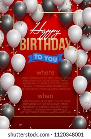 Happy birthday vector illustration - Golden foil confetti and white and black balloons With a red background. Bright vector anniversary celebration banner. Greeting card for the birthday man.