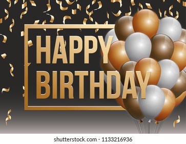 Happy birthday vector illustration - Golden foil confetti and white and gold balloons With a black background. Bright vector anniversary celebration banner. Greeting card for the birthday man.