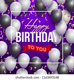 Happy birthday vector illustration - Golden foil confetti and white and black balloons With a violet background. Bright vector anniversary celebration banner. Greeting card for the birthday man.