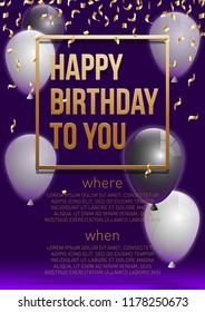 Happy birthday vector illustration - Golden foil confetti and white and black balloons With a violet background. Bright vector anniversary celebration banner. Greeting card for the birthday man.