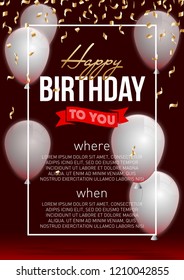 Happy birthday vector illustration - Golden foil confetti and white balloons With a red background. Bright vector anniversary celebration banner. Greeting card for the birthday man.
