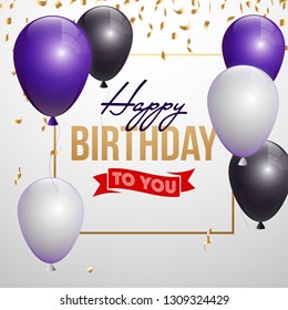 Happy birthday vector illustration - Golden foil confetti and white and black balloons With a red background. Bright vector anniversary celebration banner. Greeting card for the birthday man.