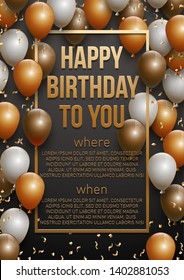 Happy birthday vector illustration - Golden foil confetti and white and gold balloons With a black background. Bright vector anniversary celebration banner. Greeting card for the birthday man.