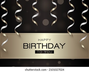 Happy birthday vector illustration with golden realistic 3d festive serpentine on dark brown bokeh background with text and gold frame border. Vector illustration.