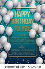 Happy birthday vector illustration - Golden foil confetti and white balloons With a blue background. Bright vector anniversary celebration banner. Greeting card for the birthday man.