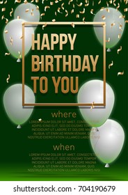Happy birthday vector illustration - Golden foil confetti and white balloons With a green background. Bright vector anniversary celebration banner. Greeting card for the birthday man.