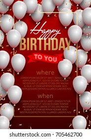 Happy birthday vector illustration - Golden foil confetti and white balloons With a red background. Bright vector anniversary celebration banner. Greeting card for the birthday man.