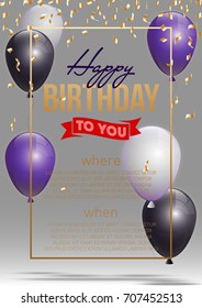 Happy birthday vector illustration - Golden foil confetti and white and black balloons With a gray background. Bright vector anniversary celebration banner. Greeting card for the birthday man.