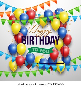 Happy birthday vector illustration - Golden foil confetti and colorful balloons With a white background. Bright vector anniversary celebration banner. Greeting card for the birthday man.