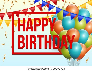 Happy birthday vector illustration - Golden foil confetti and colorful balloons With a white background. Bright vector anniversary celebration banner. Greeting card for the birthday man.
