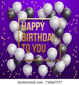 Happy birthday vector illustration - Golden foil confetti and white and black balloons With a violet background. Bright vector anniversary celebration banner. Greeting card for a man birthday.