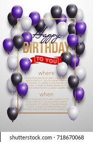 Happy birthday vector illustration - Golden foil confetti and white and black balloons With a red background. Bright vector anniversary celebration banner. Greeting card for the birthday man.