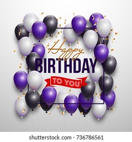 Happy birthday vector illustration - Golden foil confetti and white and black balloons With a red background. Bright vector anniversary celebration banner. Greeting card for the birthday man.
