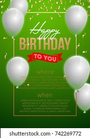 Happy birthday vector illustration - Golden foil confetti and white balloons With a green background. Bright vector anniversary celebration banner. Greeting card for the birthday man.