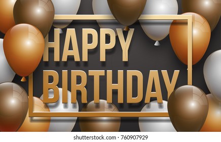 Happy birthday vector illustration - Golden foil confetti and white and gold balloons With a black background. Bright vector anniversary celebration banner. Greeting card for the birthday man.