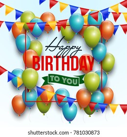 Happy birthday vector illustration - Golden foil confetti and colorful balloons With a white background. Bright vector anniversary celebration banner. Greeting card for the birthday man.