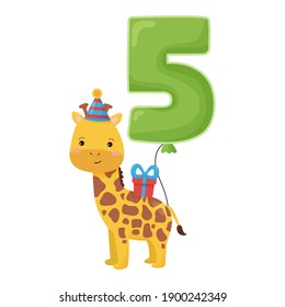 Happy Birthday vector illustration for greeting and invitation card design. Cartoon giraffe with number balloon five.