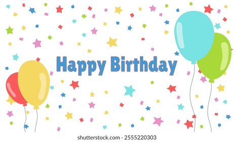 Happy birthday vector illustration for the holiday. Happy birthday background with balloons, confetti and stars for birthday greeting card.