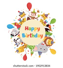 Happy Birthday Vector Illustration With Jungle Animals, Balloons, Gifts And Cake. Cartoon Characters Around Circle Shape. For Greeting And Invitation Cards Design.