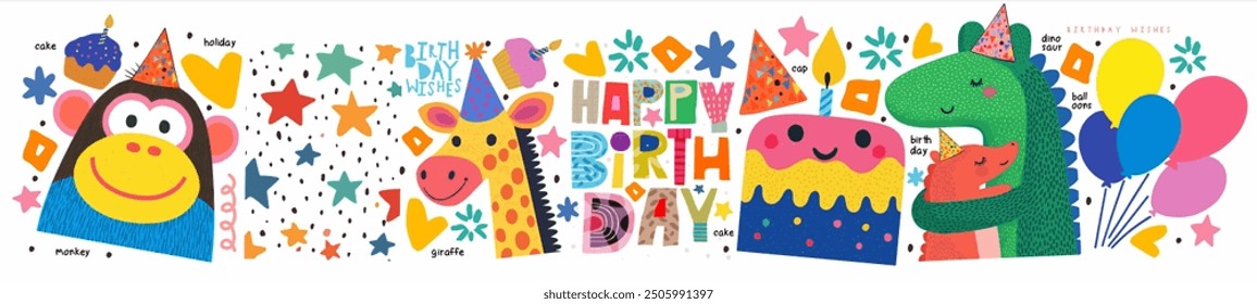 Happy Birthday! Vector illustration of kids cute naive  modern animal drawings, character, dino, dinosaur, balloons monkey, giraffe, birthday cake with candle, font for greeting card or poster