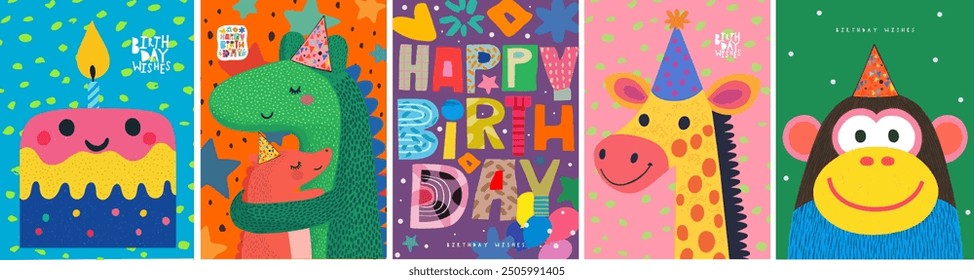 Happy Birthday! Vector illustration of kids cute naive  modern animal drawings, character, dino, dinosaur, monkey, giraffe, birthday cake with candle, font for greeting card, poster, invitation 