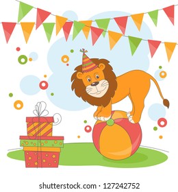 Happy Birthday. Vector illustration of  lion and garland of flags