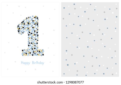 Happy Birthday Vector Illustration. Number One Made of Confetti of Star Shape. White Background. White and Blue Stars on a Light Gray. Pastel Colors. Nursery Art. Starry Bright Pattern.