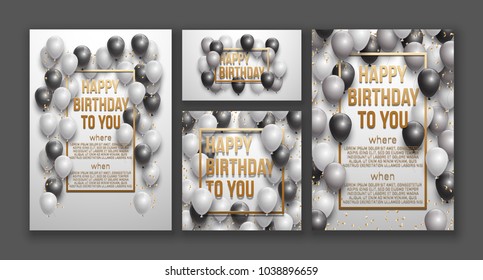 Happy birthday vector illustration set Golden foil confetti and colorful balloons With a background. Bright vector anniversary celebration banner. Greeting card set for the birthday man.