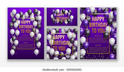 Happy birthday vector illustration set Golden foil confetti and colorful balloons With a background. Bright vector anniversary celebration banner. Greeting card set for the birthday man.