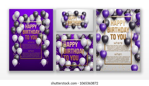 Happy birthday vector illustration set Golden foil confetti and colorful balloons With a background. Bright vector anniversary celebration banner. Greeting card set for the birthday man.