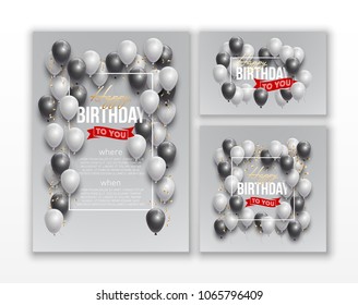 Happy birthday vector illustration set Golden foil confetti and colorful balloons With a background. Bright vector anniversary celebration banner. Greeting card set for the birthday man.