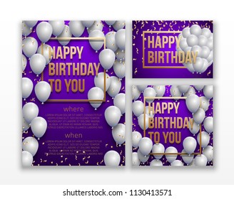 Happy birthday vector illustration set Golden foil confetti and colorful balloons With a background. Bright vector anniversary celebration banner. Greeting card set for the birthday man.