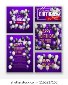 Happy birthday vector illustration set Golden foil confetti and colorful balloons With a background. Bright vector anniversary celebration banner. Greeting card set for the birthday man.