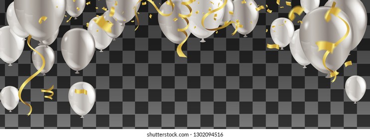 Happy birthday vector illustration - silver  foil confetti and white and glitter silver balloons