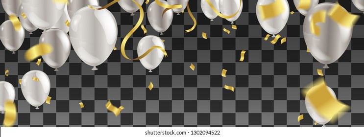 Happy birthday vector illustration - silver  foil confetti and white and glitter silver balloons