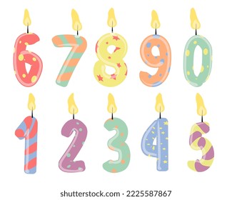 happy birthday, vector image of candles for cake, children's birthday candles in the form of numbers 1, 2, 3 ,4 ,5 6 7 8 9 0 one two three four five six seven eight nine ten