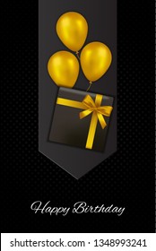 Happy Birthday! Vector lettering illustration on black background with presents and golden ballon