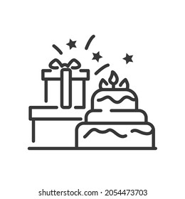 Happy Birthday - vector line design single isolated icon on white background. High quality black pictogram. Huge cake with candles, lots of gifts and presents, good mood and party concept