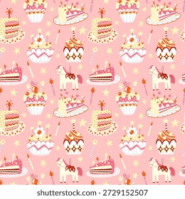 
Patrón de Vector de feliz cumpleaños. Dulces, pasteles y cupcakes rosas y amarillos en un estilo folk plano. Fondo de pantalla de princesa alegre para papel de regalo.