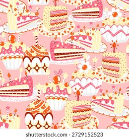 Padrão vetorial de feliz aniversário. Fatias de bolo rosa, bolinhos amarelos e muffins vermelhos. Papel de parede de comida doce festivo para papel de embrulho de presente.