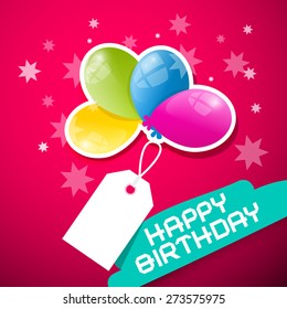 Happy Birthday Vector Pink Background with Colorful Balloons and Empty Label