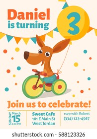 Happy birthday vector poster. Baby birthday invitation with cute puppy. Dog riding a bike. with a balloon. 