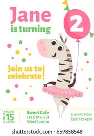 Happy birthday vector poster. Baby birthday invitation with cute zebra. Dancing zebra with a balloon. 