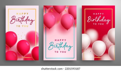 Feliz diseño de afiches vectoriales de cumpleaños. Colección de texto de saludo de cumpleaños con globos y confeti para la decoración de tarjetas de invitación. Ilustración vectorial. 