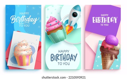 Happy birthday vector poster set design. Birthday greeting text with colorful party elements decoration for invitation card background. Vector Illustration. 
